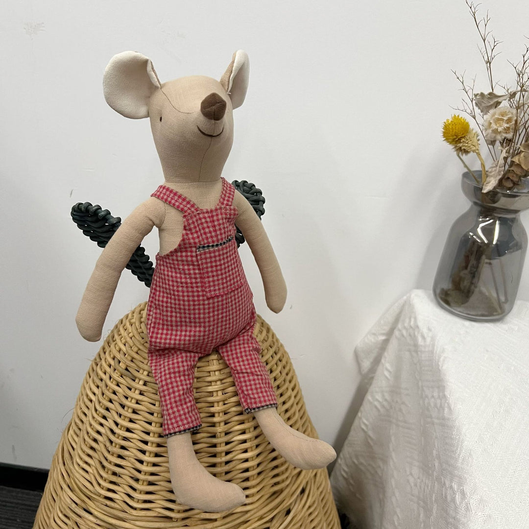 Vintage-Inspired Sewn Linen Elephant Plush Doll with Polka-Dot Dress