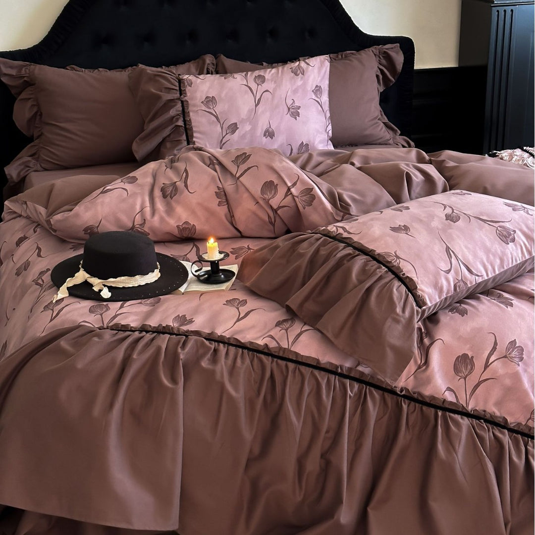 Romantic bedspread and pillow set with rose watercolor, ruffle, and satin trim