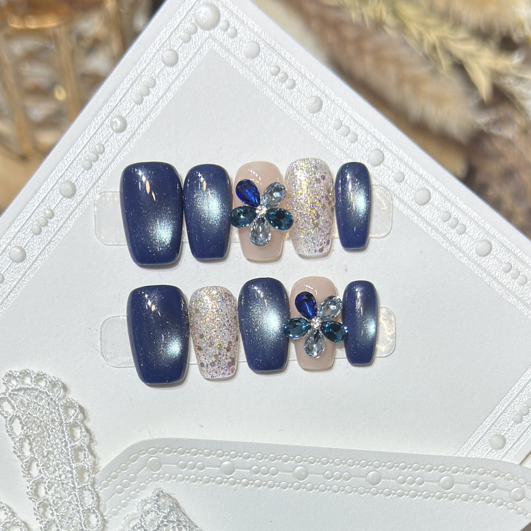 Elegant Floral Press-On Nail Set with Gemstone Accents Stornfield