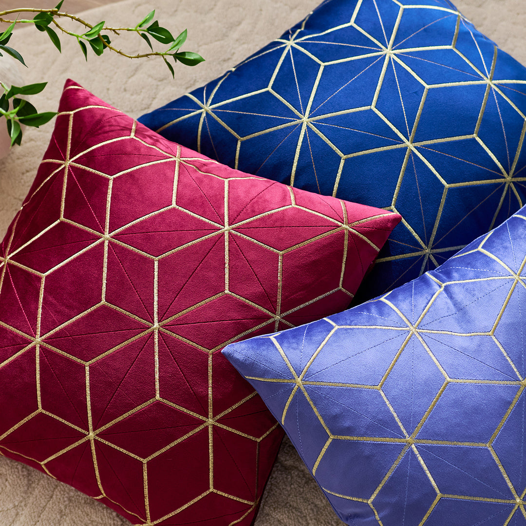 Embroidered Velvet Geometric Square Throw Pillow Cover with Metallic Stitching