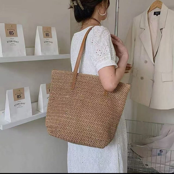Handbag Made of Woven Natural Material with Leather Carrying Handles Stornfield