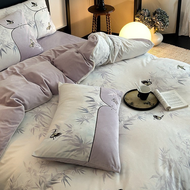 Bedding set with embroidered butterflies and delicate bamboo print