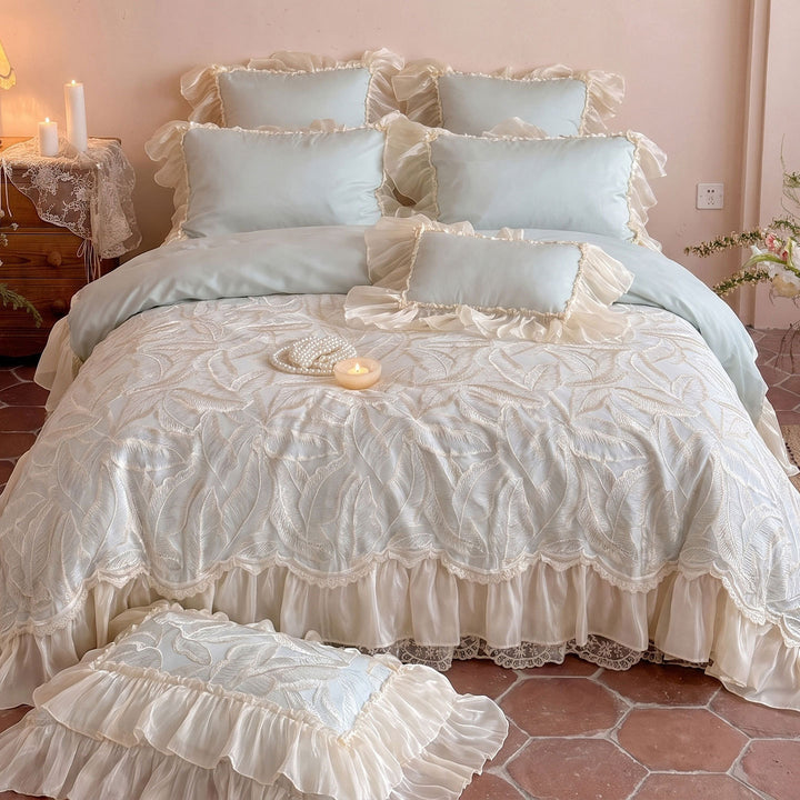 Luxurious Ruffled Organza-Trim Satin Duvet Cover Set with Embroidered Leaf Jacquard Bedspread