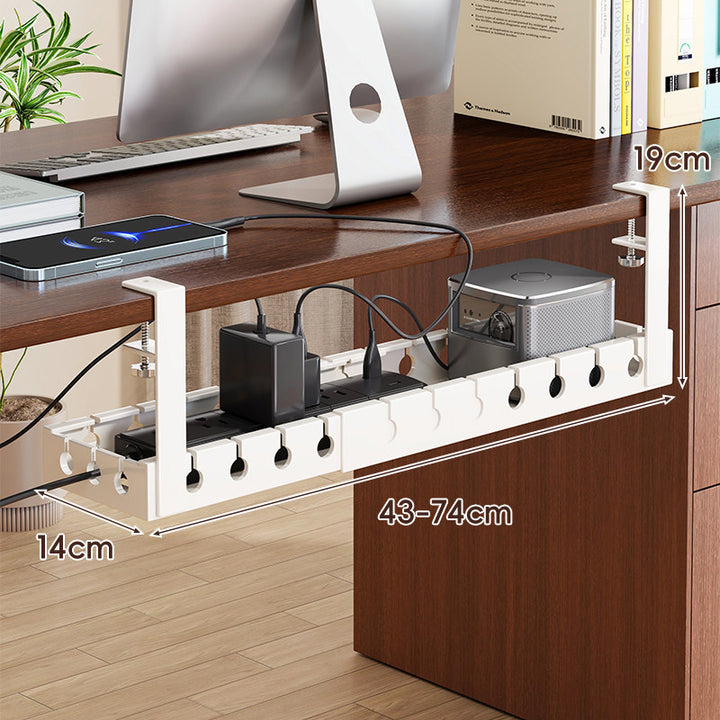 Under-Desk Adjustable Power Strip and Cable Management Tray with Clamp Mount