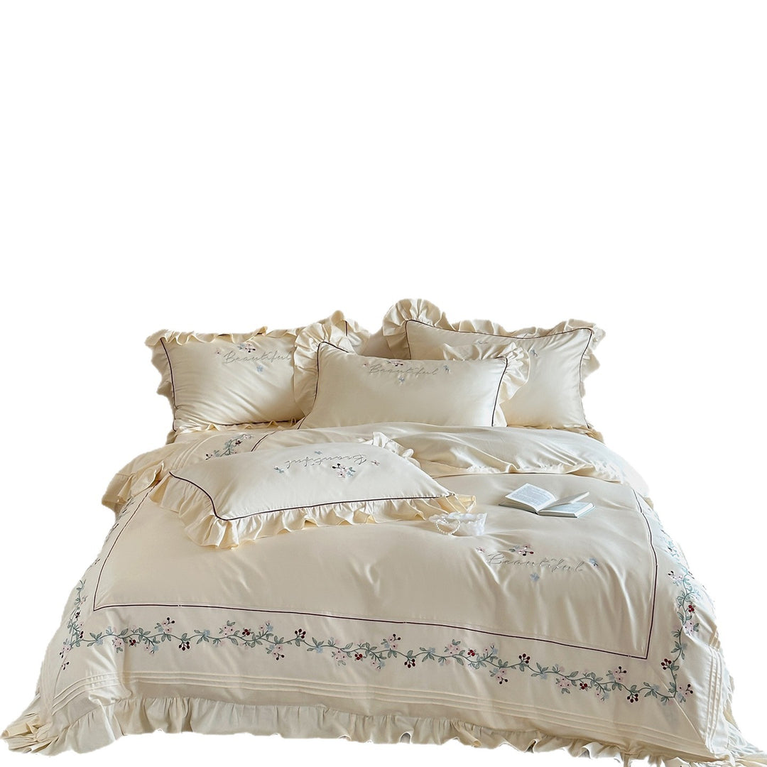 Luxury Ruffled Embroidered Cotton-Sateen Duvet Cover Set with Floral Vine Border