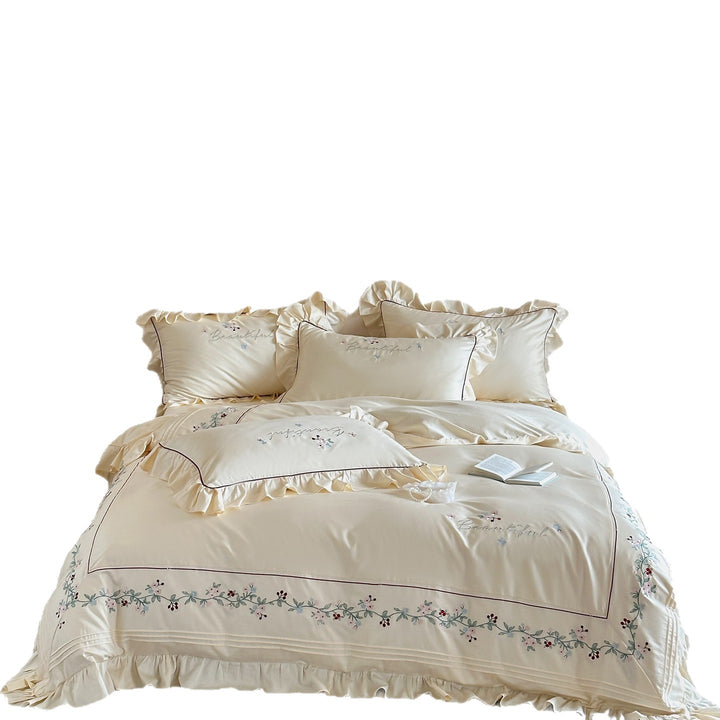Luxury Ruffled Embroidered Cotton-Sateen Duvet Cover Set with Floral Vine Border