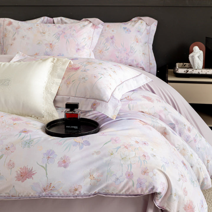 Luxurious cotton satin duvet cover set with watercolor flower pattern