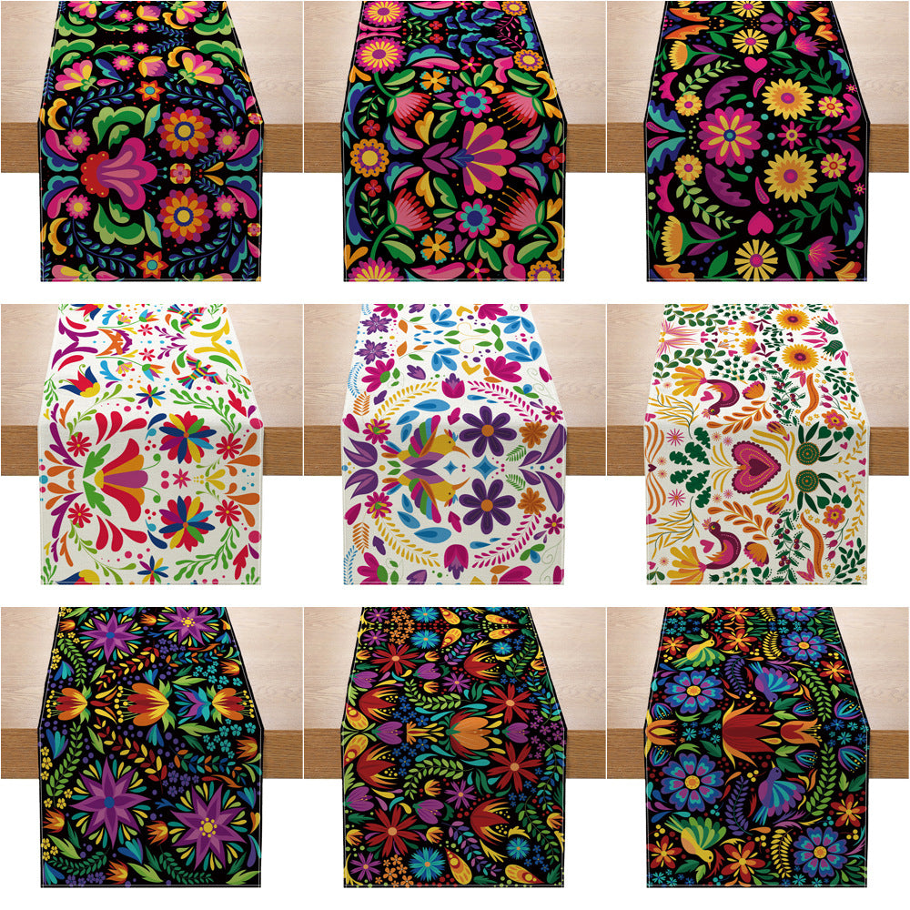 Folk Floral Table Runner Cotton-Blend Decorative Table Linen