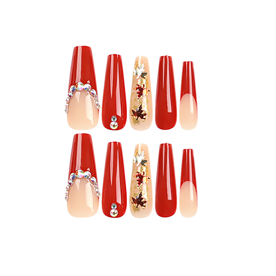 Glamorous acrylic nails with leaf design and glitter accents Stornfield