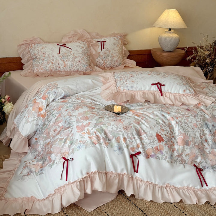 Romantic Floral Ruffled Duvet Cover Set with Ribbon-Tied Shams