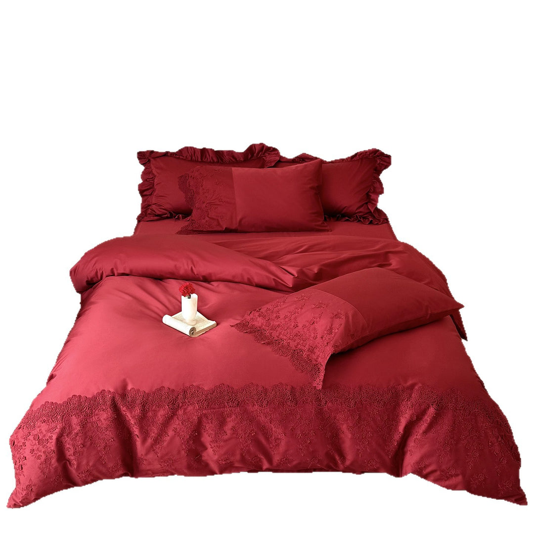 Bedding set made of cotton satin with floral lace embroidery