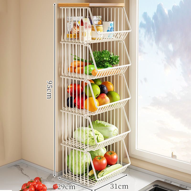 Countertop Wooden-Top Metal Wire Produce Storage Basket with Front-Tilt Access