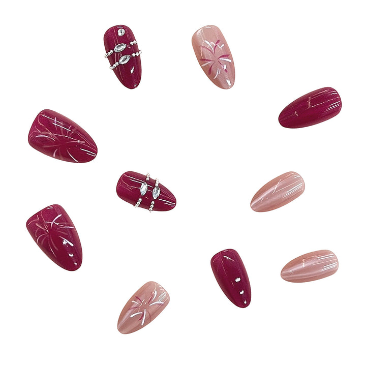 Artistic Press-On Nail Set with Floral Patterns and Gem Accents Stornfield