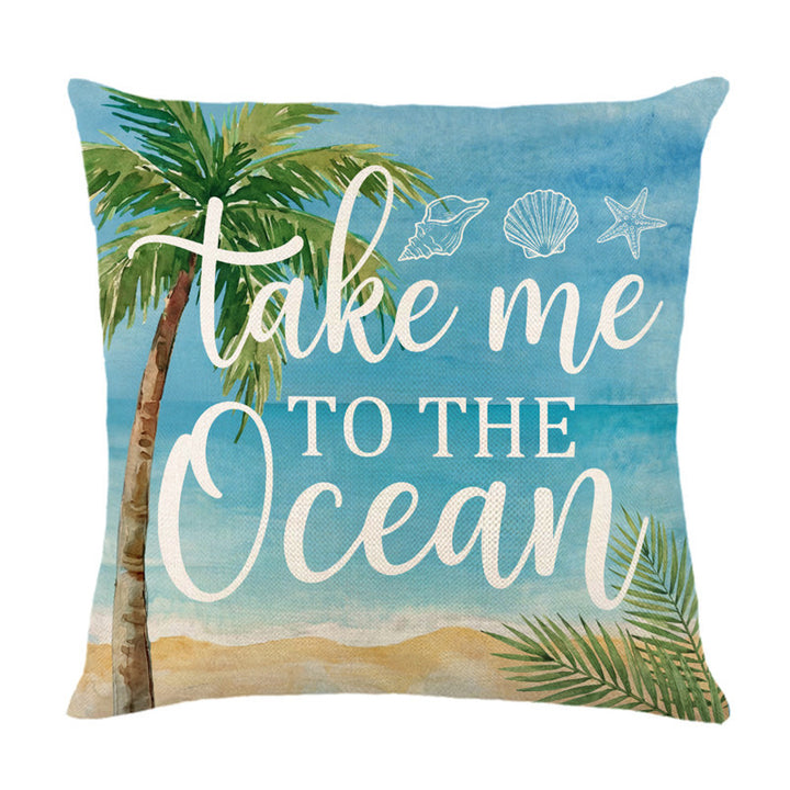 Scenic Watercolor Beach Bicycle Linen Pillow Cover with Basket & Sandcastle Illustration