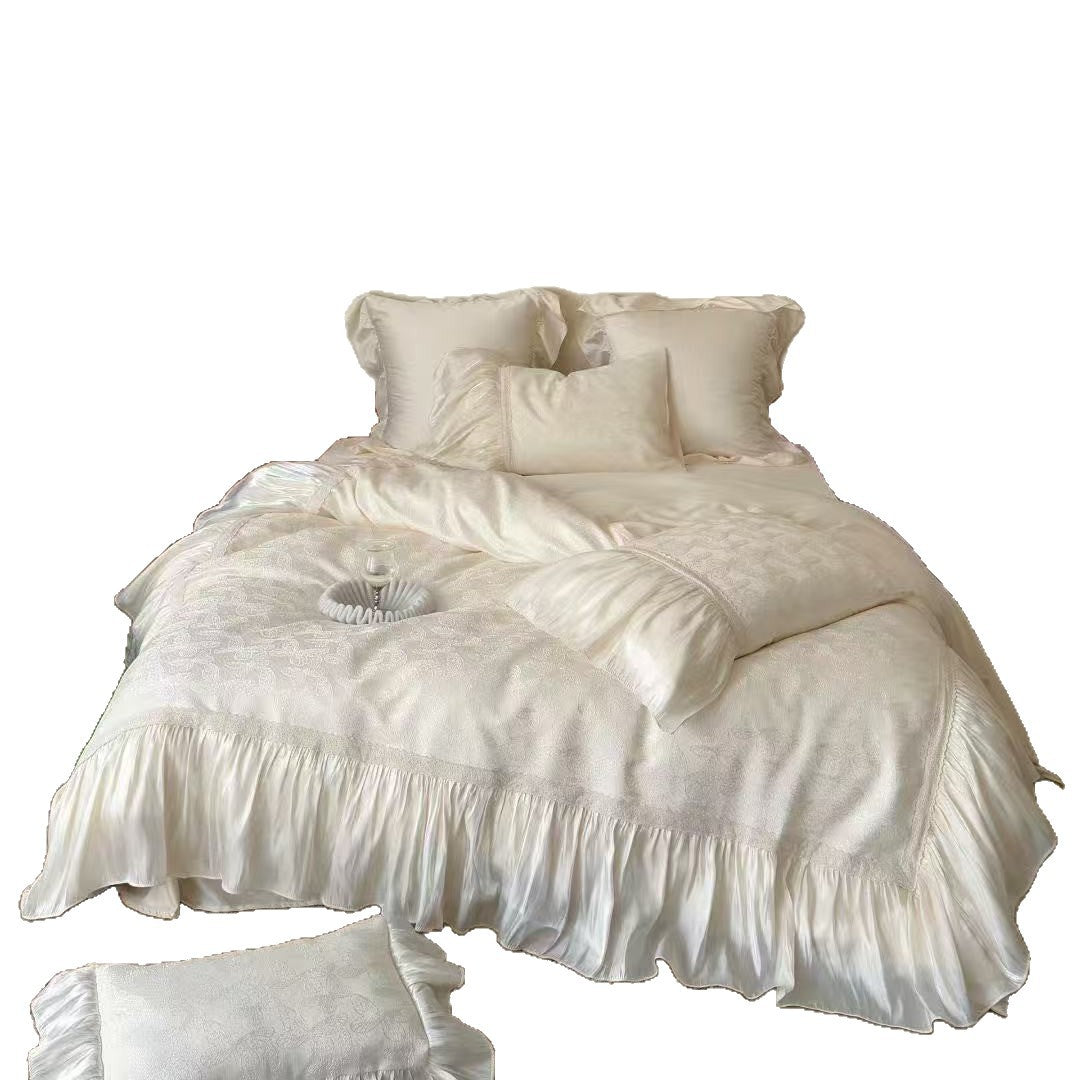 Elegant Ruffled Jacquard Satin-Trim Duvet Cover & Pillow Sham Set