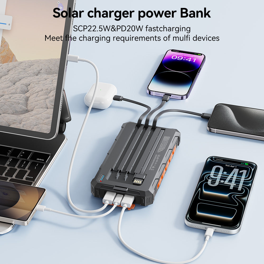 Solar Power Bank with Integrated Charging Cables and Robust Housing Stornfield
