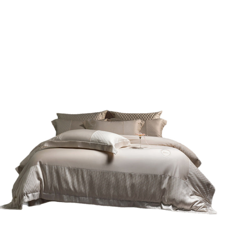 Luxurious satin bedding set with jacquard trim and embroidered coat of arms