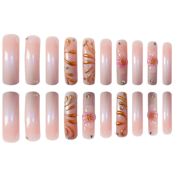 Glamorous 3D Floral Press-On Nails with Gold Accents Stornfield