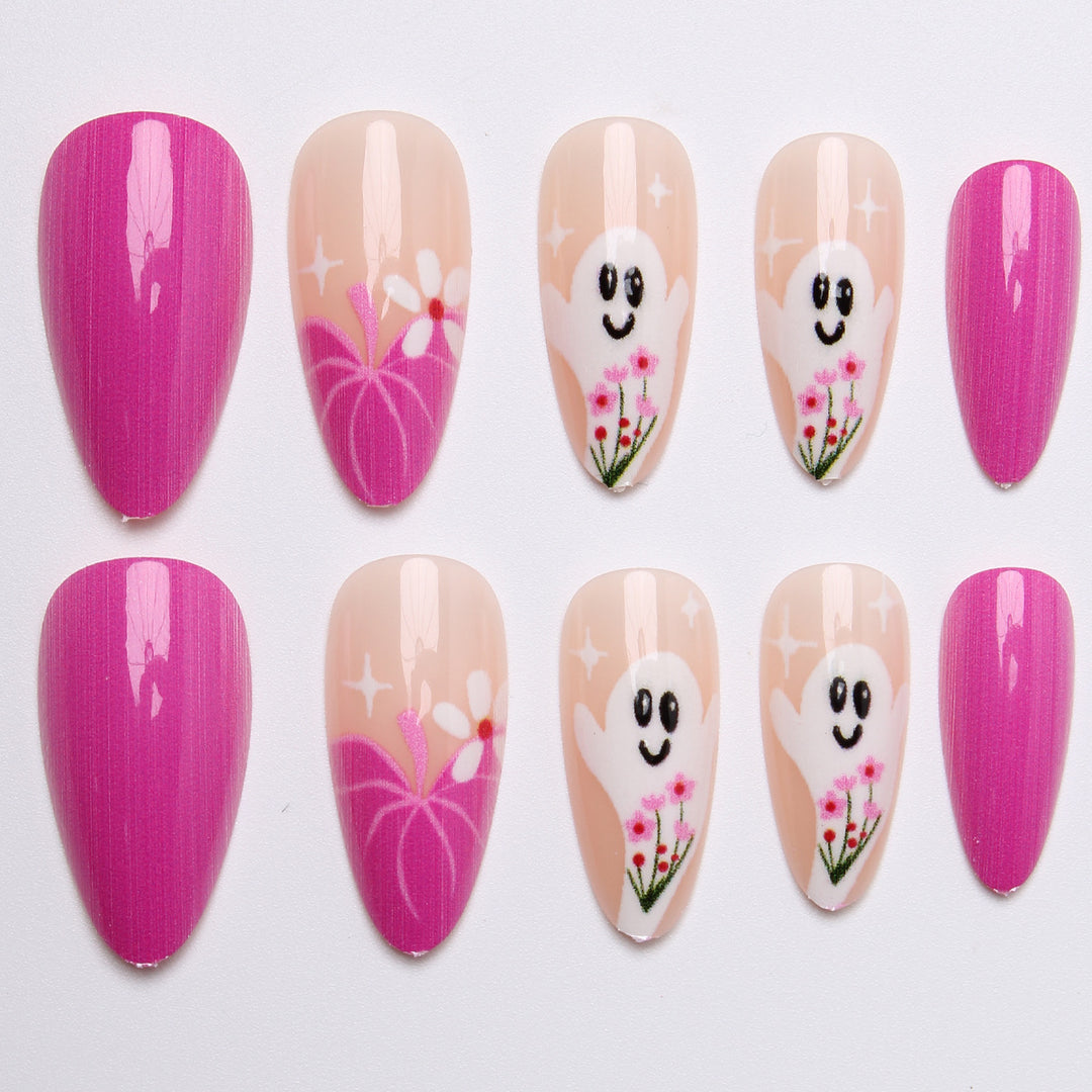 Artificial nail set with charming ghost and flower motifs Stornfield