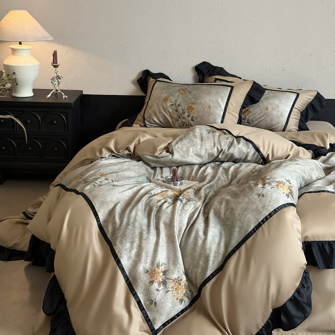 High-quality cotton bedding set with floral panel, decorative ruffle