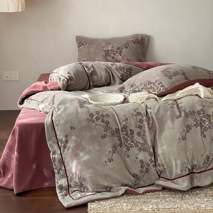 Plush Brushed Microfiber Floral Duvet Cover Set with Button Closure and Piped Edge