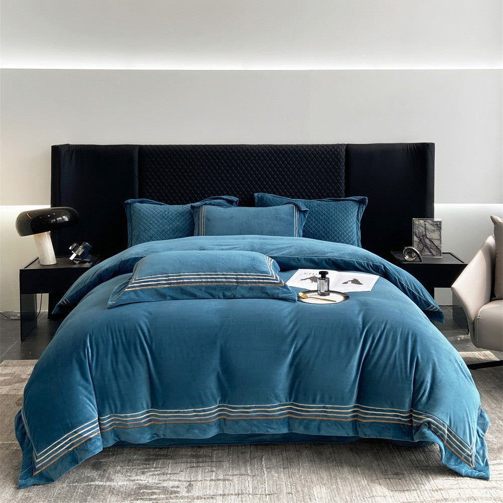 Luxury Velvet Duvet Cover and Pillowcase Bedding Set with Embroidered Hem