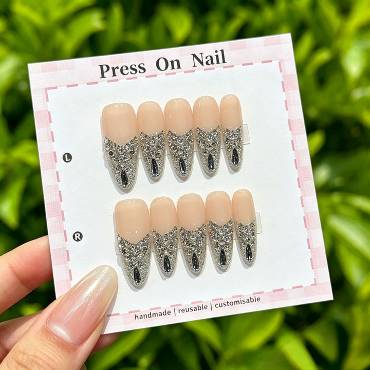 Decorative Elegant Press-On Nails with Rhinestone Accents