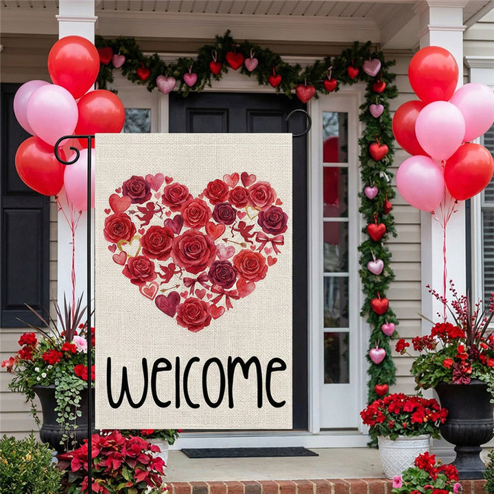 Double-Sided Burlap-Texture Rose Heart Wreath Welcome Garden Flag