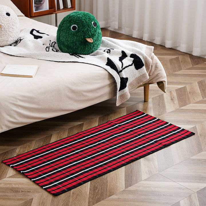 woven living room runner with fringes and geometric weave pattern
