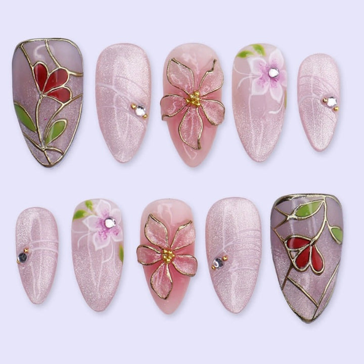Artificial artificial nails with floral design and shimmering finish Stornfield