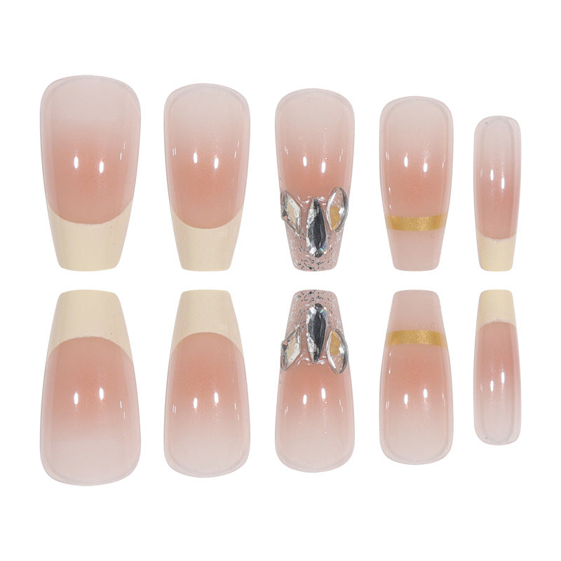 Elegant Long Press-On Nails with Rhinestone and Gold Accents Stornfield