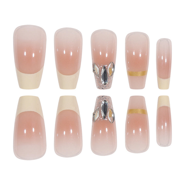 Elegant Long Press-On Nails with Rhinestone and Gold Accents Stornfield