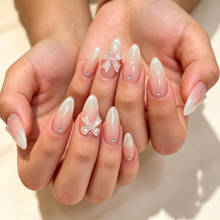 Elegant Press-On Nail Set with Decorative Bow and Gem Accents Stornfield