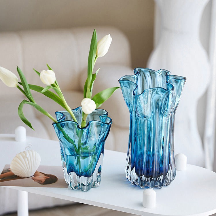 Handblown Ribbed Petal-Rim Decorative Glass Centerpiece Vase Stornfield