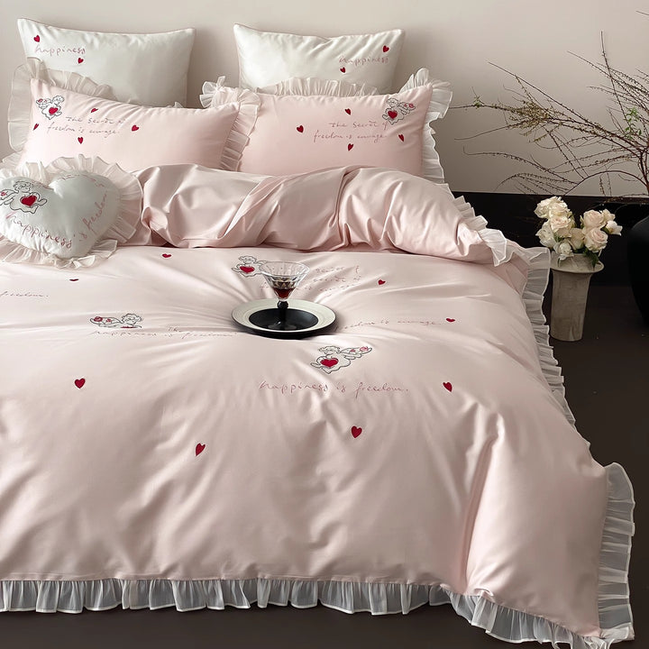 Ruffled Heart-Embroidered Cotton-Sateen Duvet Cover Set with Decorative Heart Cushion
