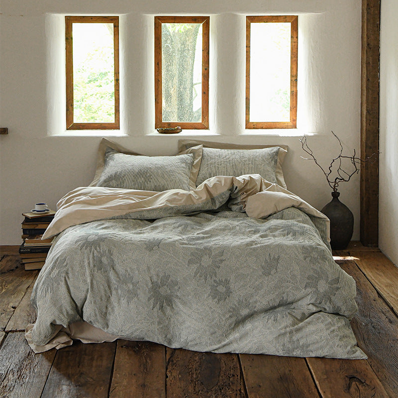 Luxury Jacquard Duvet Cover Set Reversible Cotton-Linen Blend