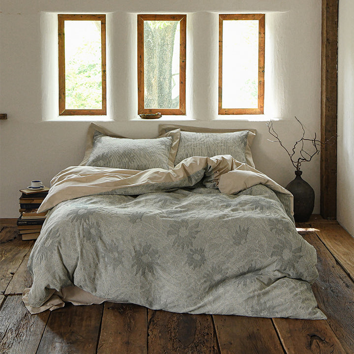 Luxury Jacquard Duvet Cover Set Reversible Cotton-Linen Blend