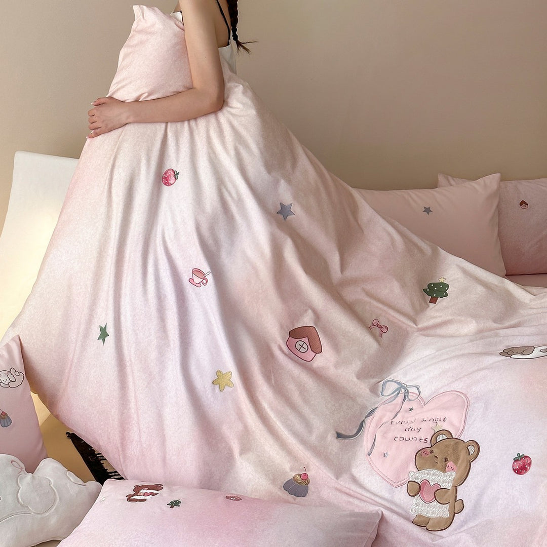 Children's Embroidered Animal Appliqué Duvet Cover Set with Plush Motif Pillow Shams