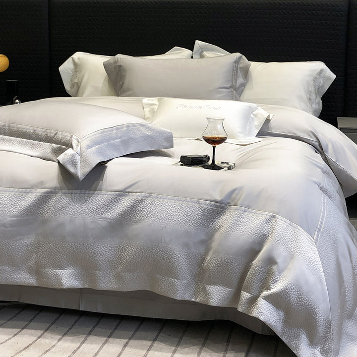 Luxury Textured-Border Egyptian Cotton Duvet Cover Set with Decorative Shams