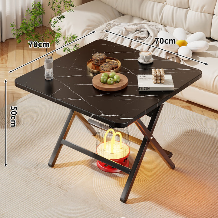 Square Foldable Marble-Effect Coffee Table with Cross-Leg Metal Frame
