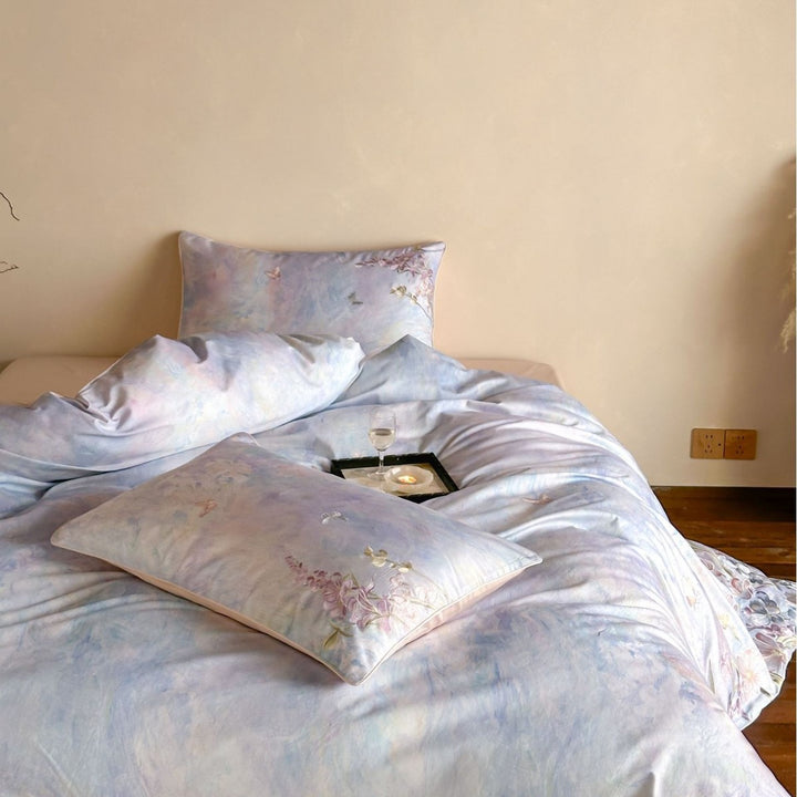 Watercolor Floral Cotton Sateen Duvet Cover Set with Reversible Solid Back and Euro Shams