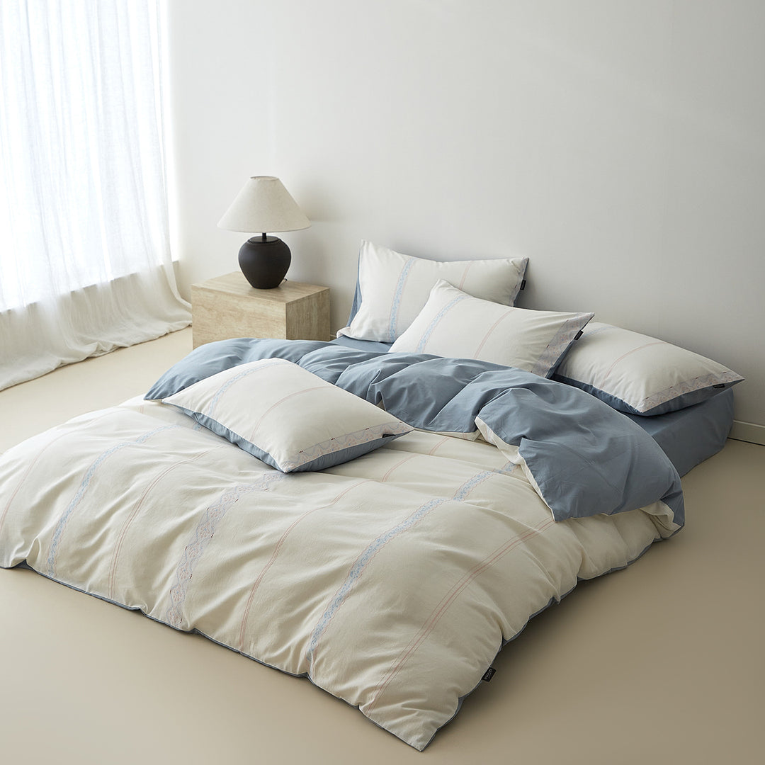 Reversible Cotton Sateen Duvet Cover Set with Soft-Brushed Finish and Embroidered Stripe Detail