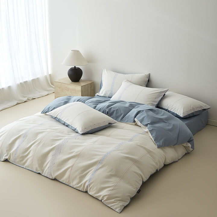 Reversible Cotton Sateen Duvet Cover Set with Soft-Brushed Finish and Embroidered Stripe Detail