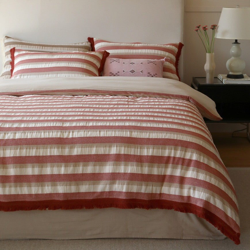 Striped Cotton-Linen Duvet Cover Set with Textured Fringe Trim