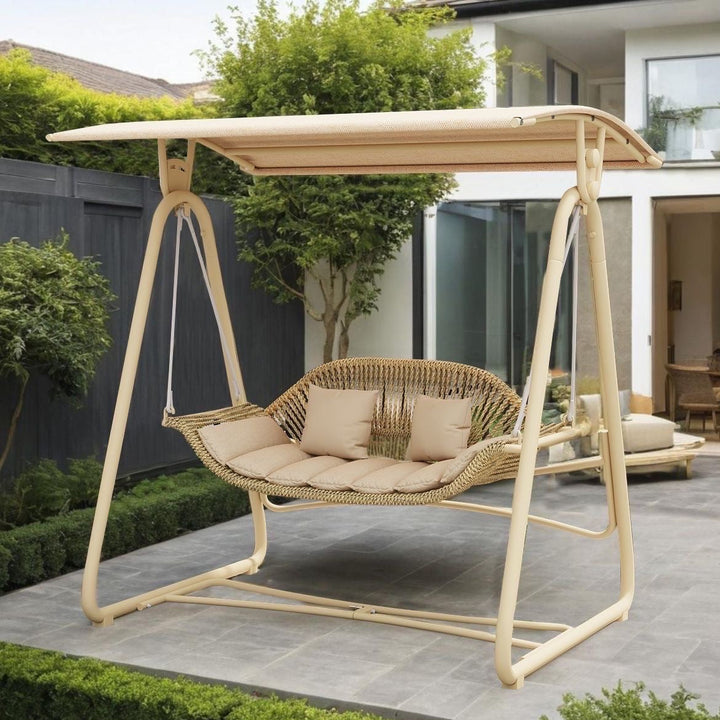 Woven rattan outdoor swing loveseat with padded cushions and powder-coated steel frame Stornfield