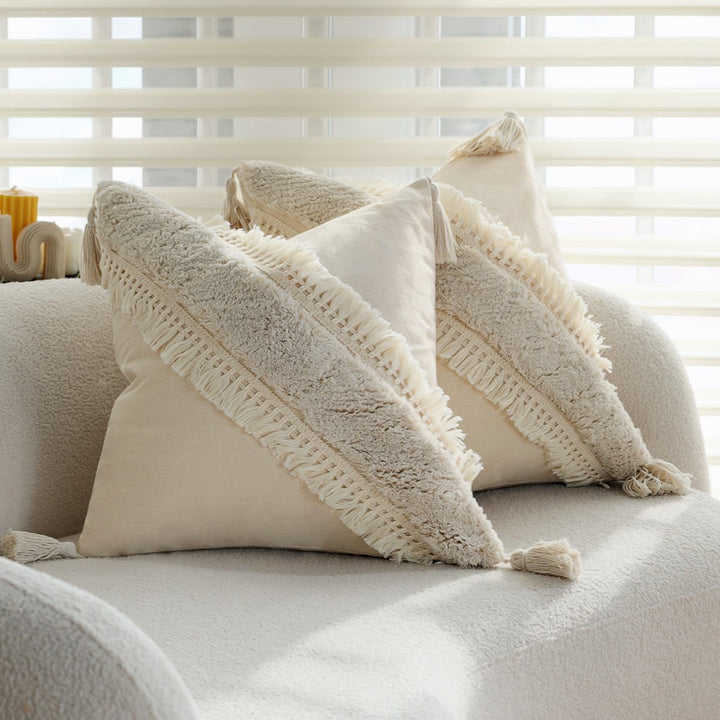 Square Boho cushion cover with diagonal teddy relief, fringes, and corner tassels Stornfield