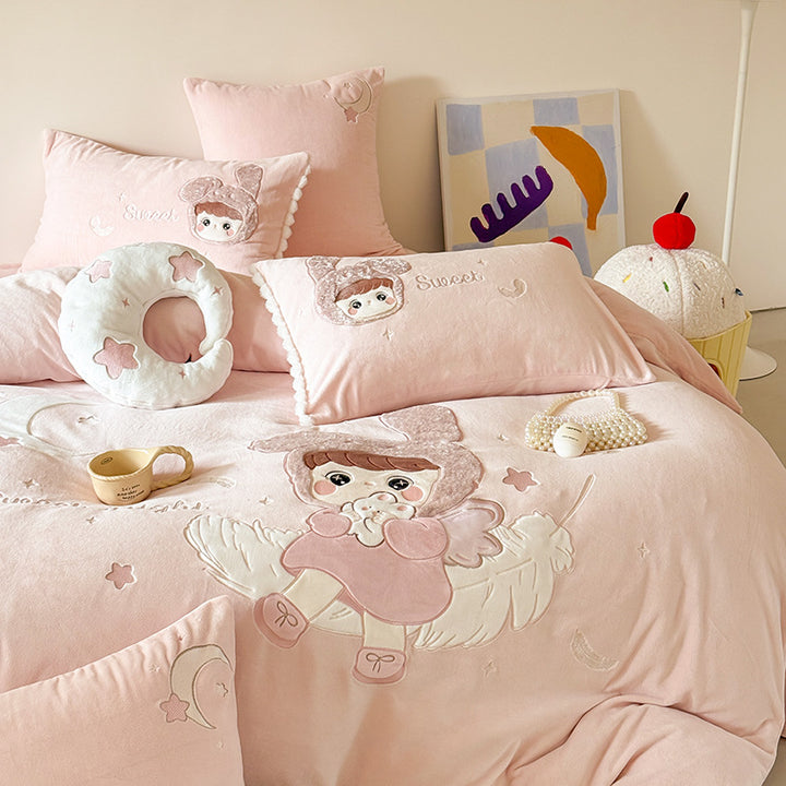 Children's Embroidered Cartoon Duvet Cover Bedding Set with Plush Appliqué & Pillow Shams