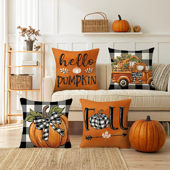 Decorative Cotton-Linen Fall Hello Pumpkin Square Throw Pillow Cover with Hidden Zipper