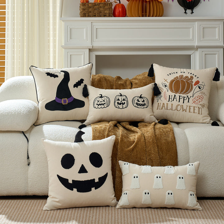 Tufted Chenille Ghost Appliqué Square Cushion Cover with Hidden Zipper