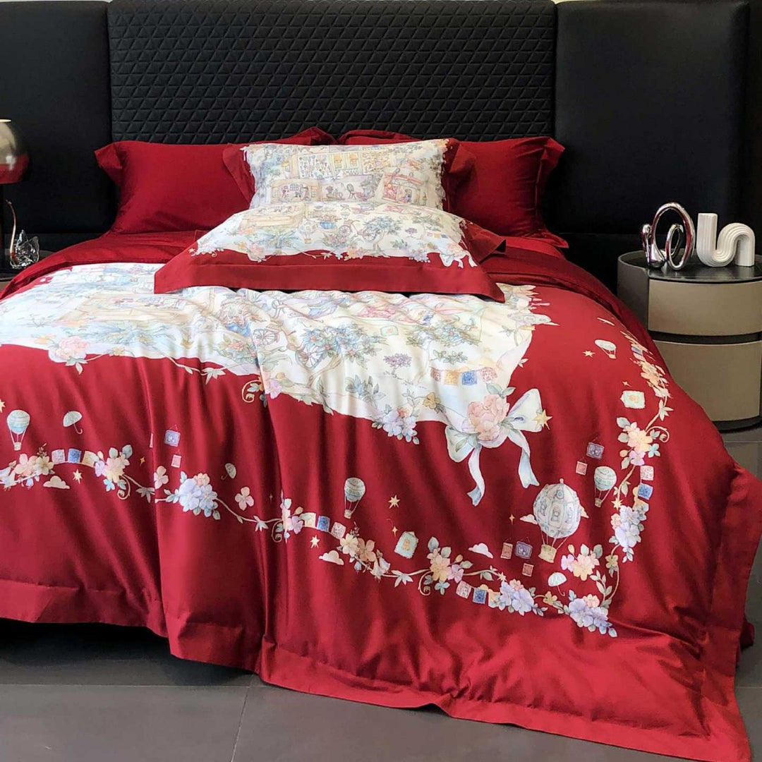 Luxurious cotton satin bed linen set with fine floral ornamentation and decorative pillowcase
